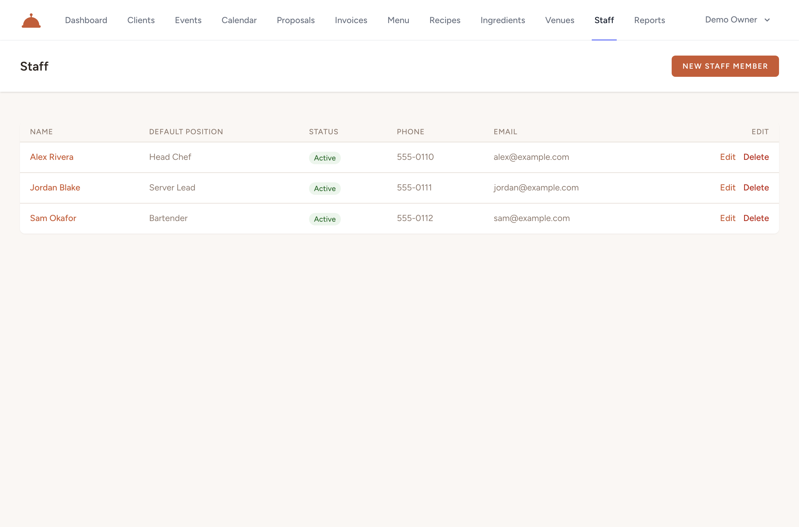 The Staff screen — your roster showing name, default position, status, phone, and email for each team member