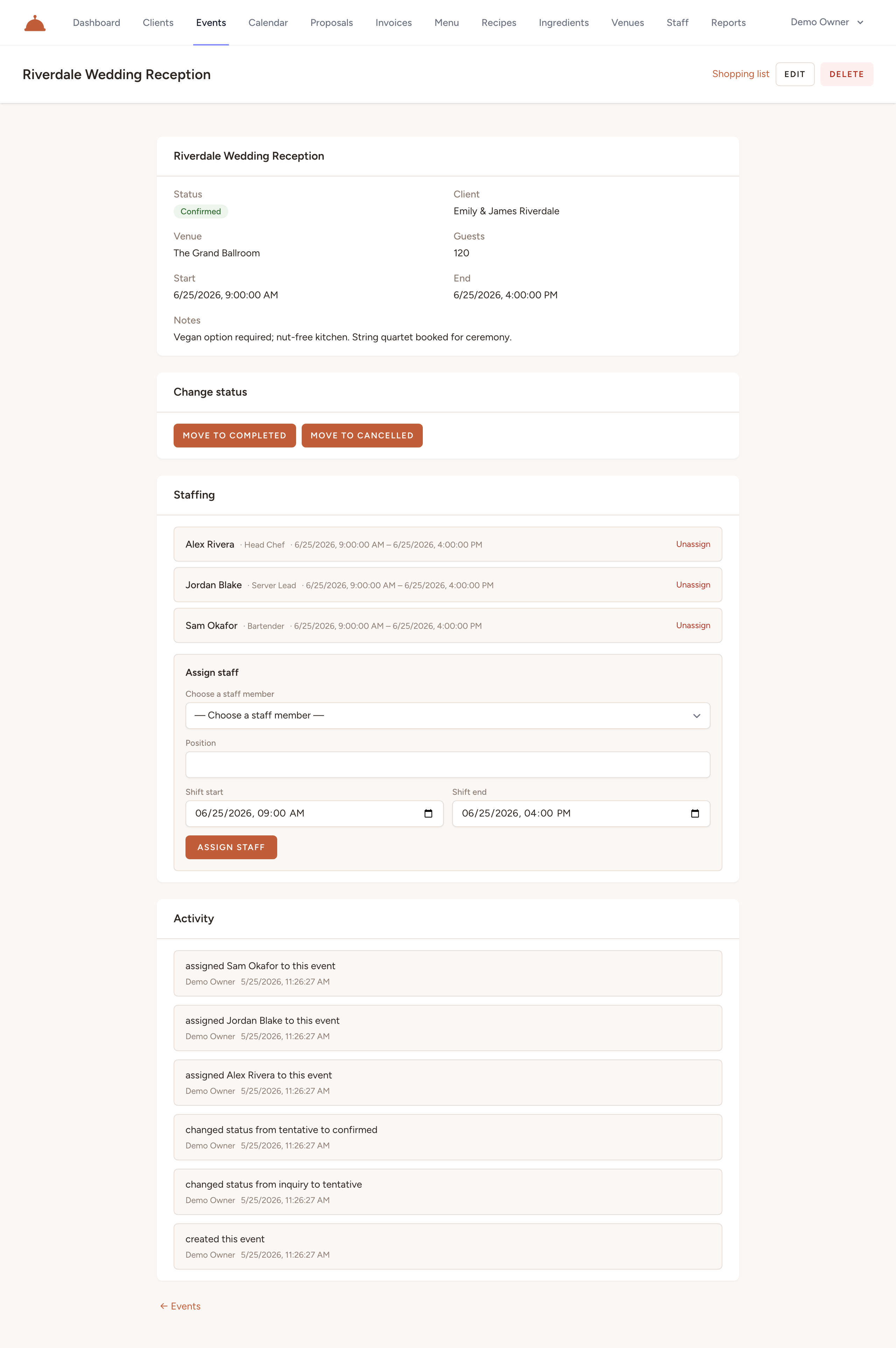 The event detail page — event information, status transitions, staffing, and activity timeline