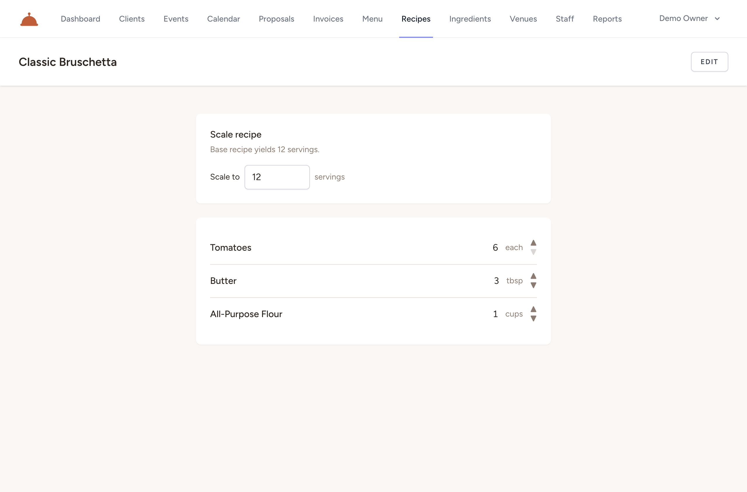 A recipe's detail page — scale the yield, and each ingredient line shows its quantity and unit