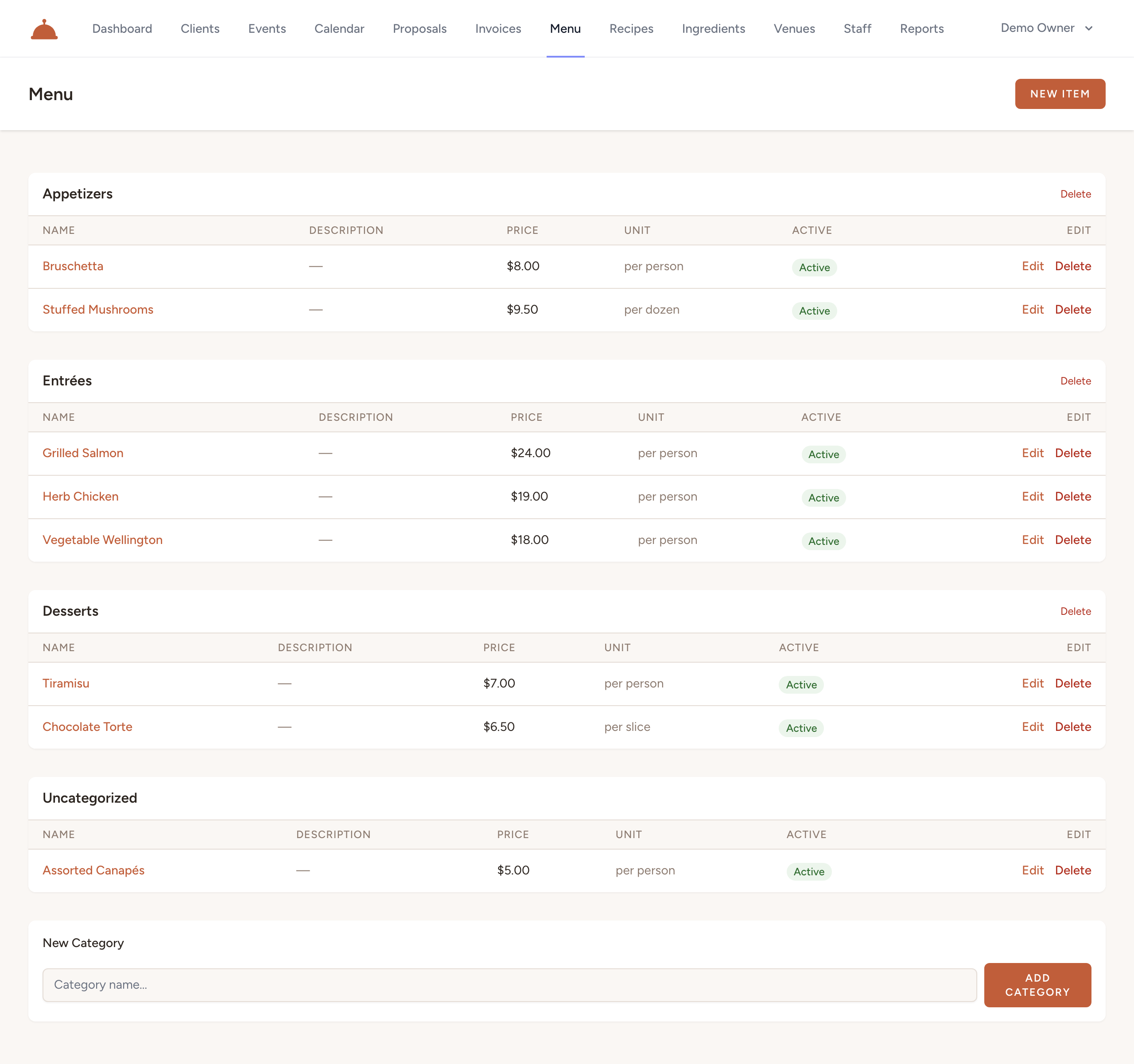 The Menu screen — categories with items, prices, and units