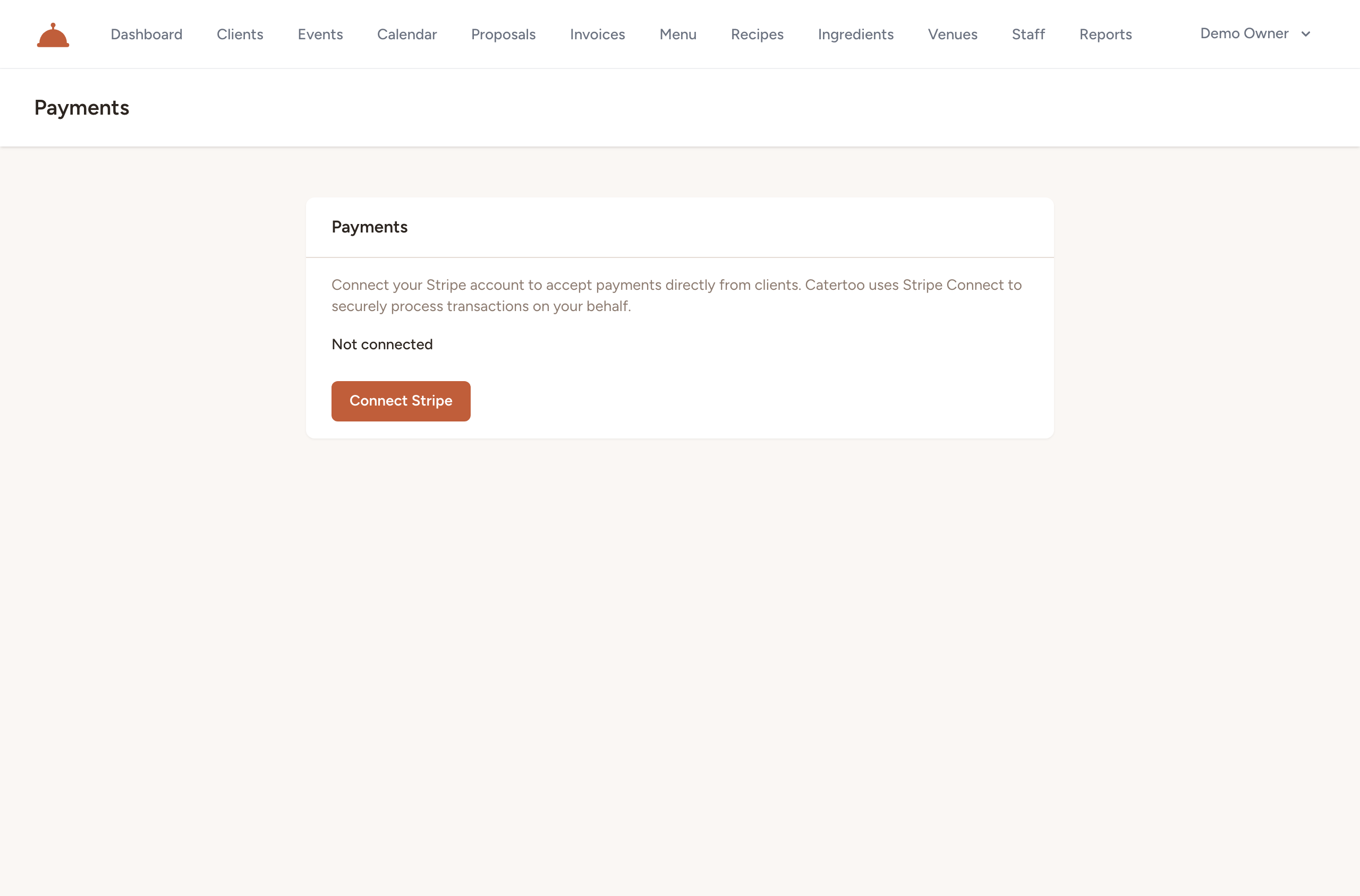 The Settings → Payments screen showing the not-connected state and the Connect Stripe button