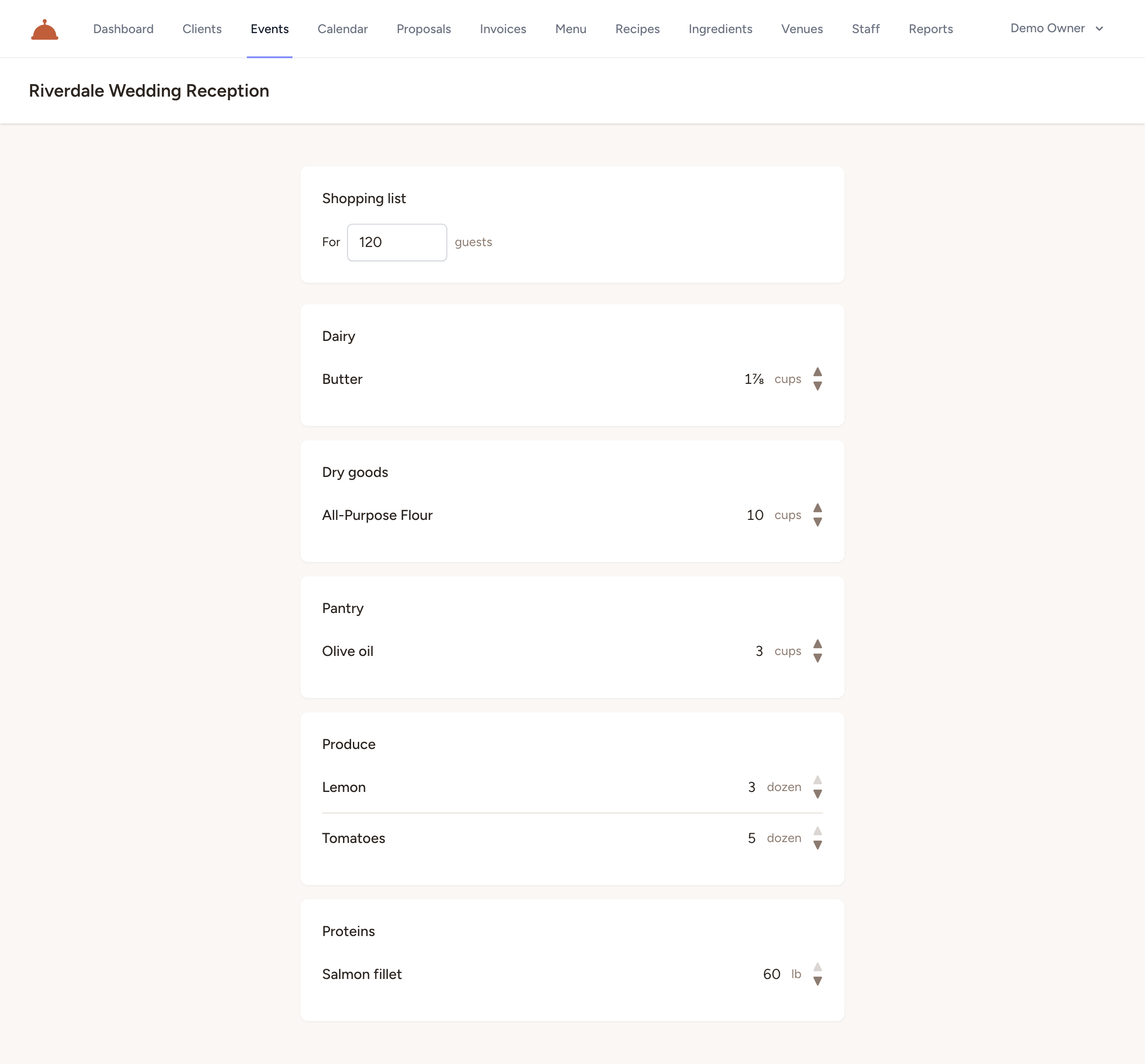 The Shopping list page — ingredients consolidated by category with quantities for 120 guests