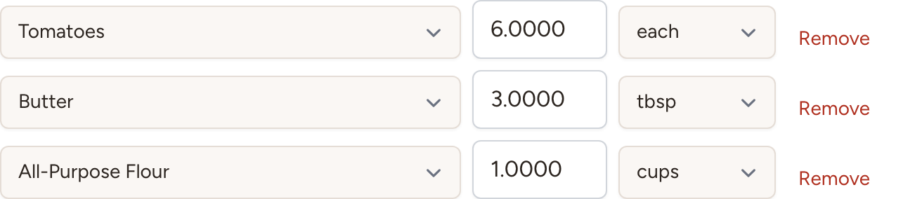 A recipe's ingredient lines — each line has its own unit dropdown (each, tbsp, cups, and so on)