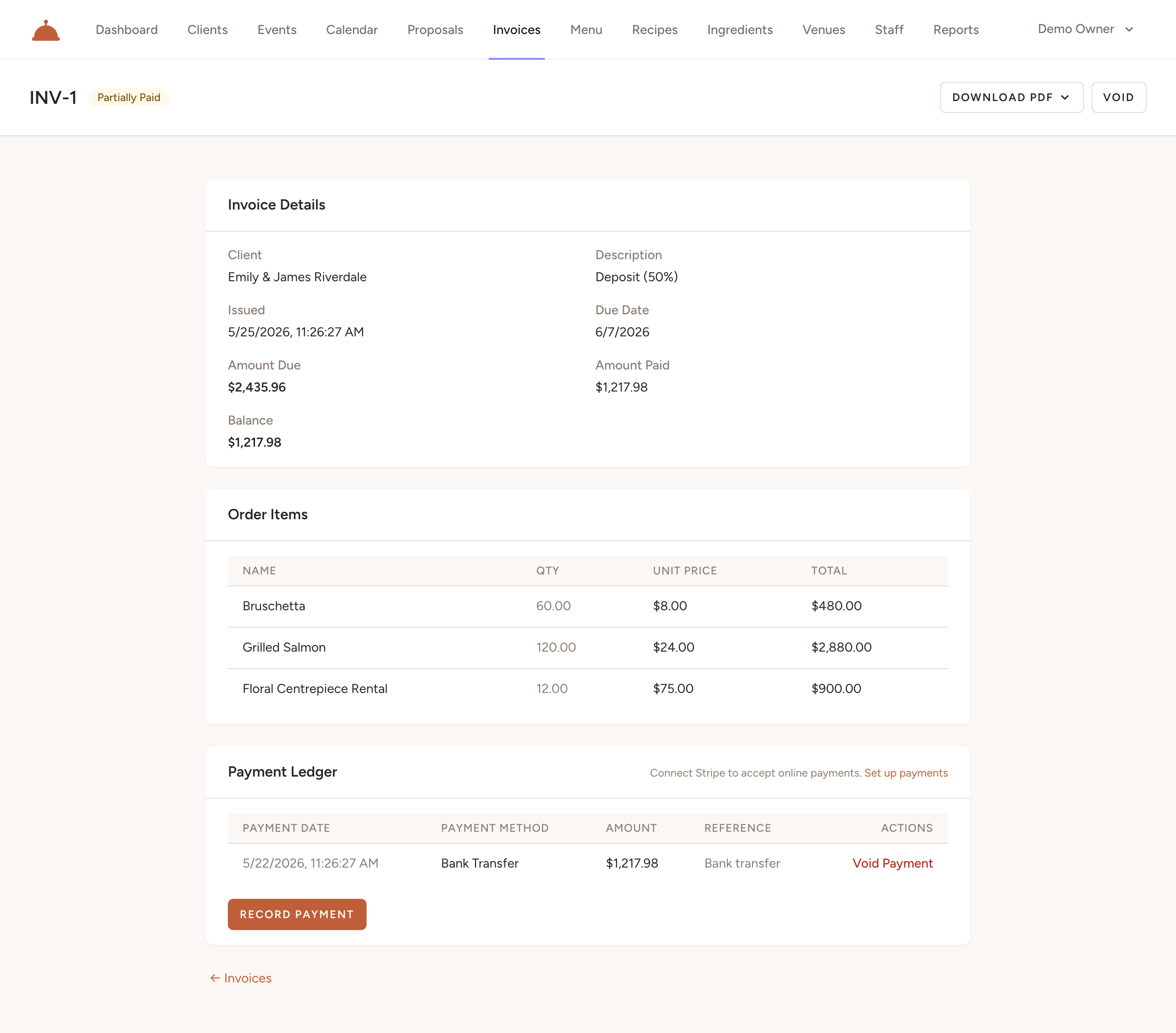 An invoice in Partially Paid status — the detail view shows amount due, amount paid, balance, and a recorded bank transfer payment in the payment ledger
