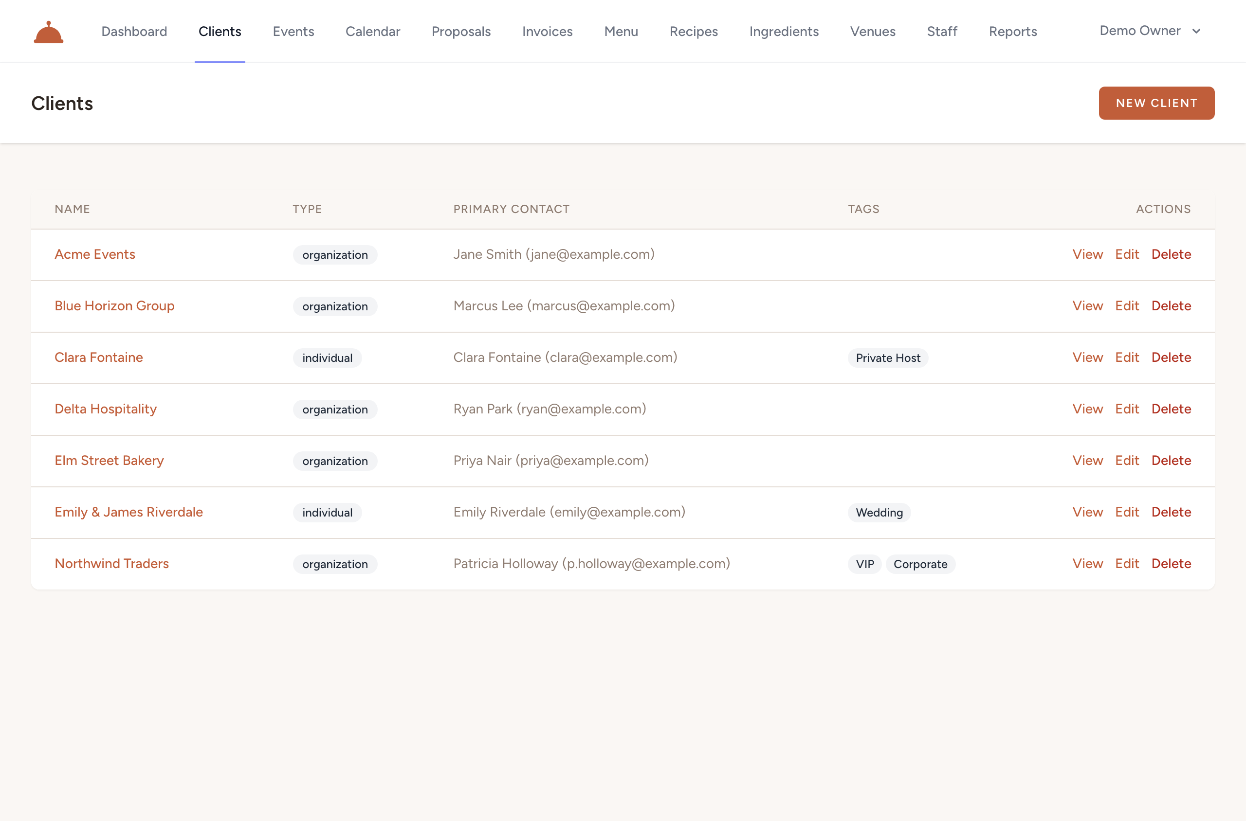 The Clients screen — your client list showing name, type, primary contact, and tags