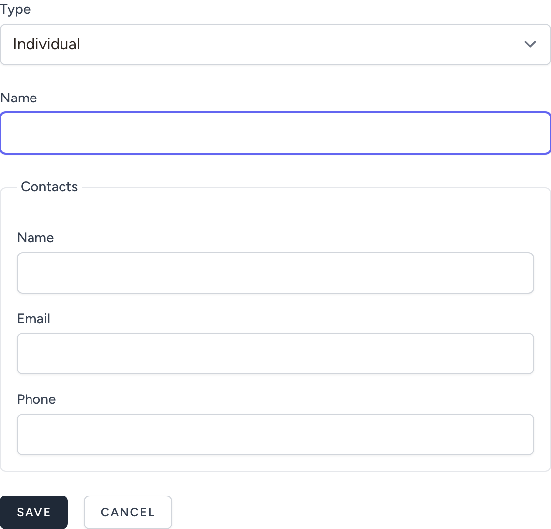 The New client form — choose a type, enter a name, and optionally add a primary contact