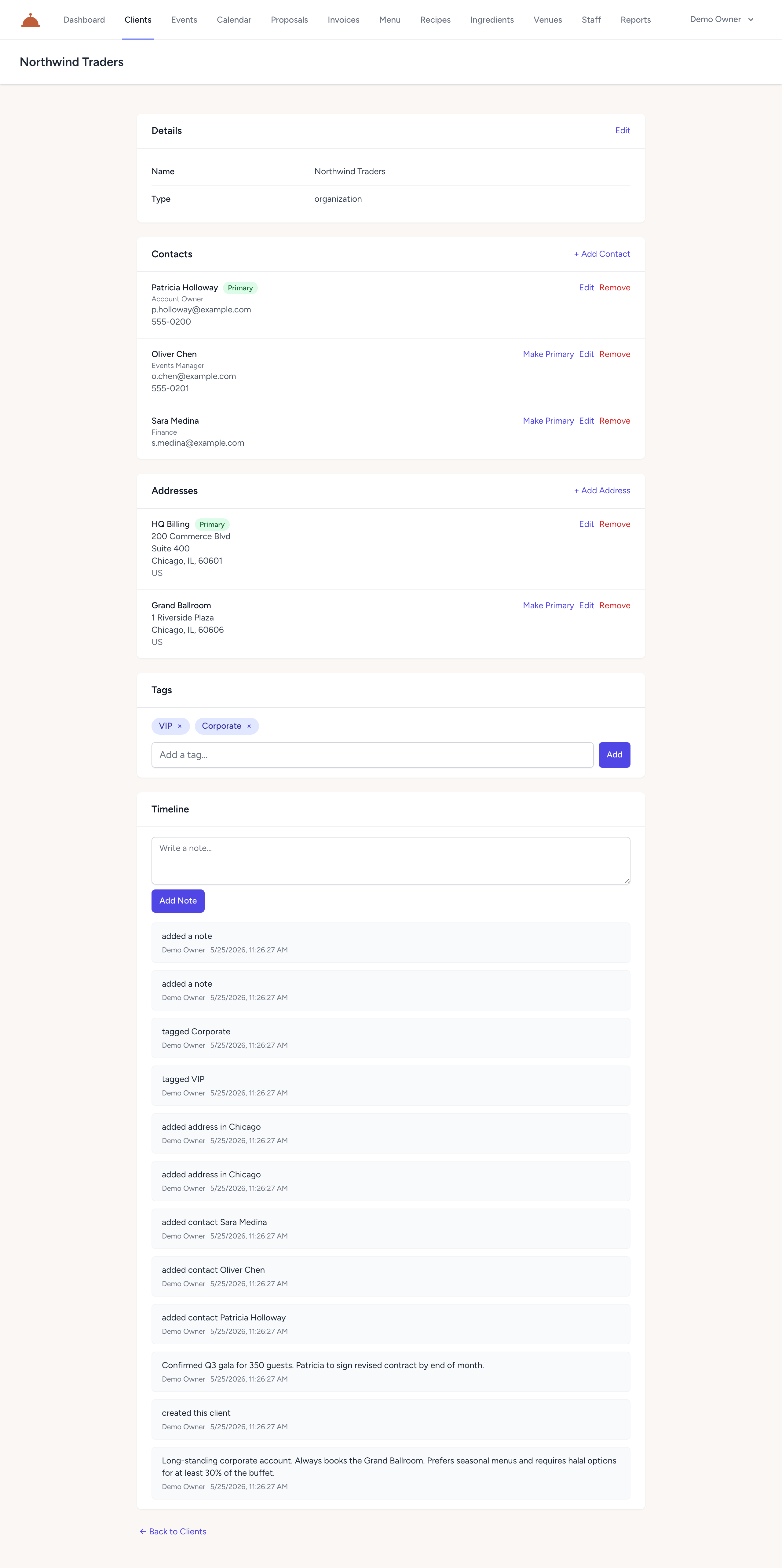 A client detail page showing tag chips and the timeline feed below