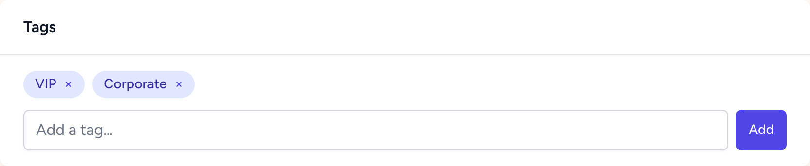 The Tags section showing existing tag chips and the add-a-tag input