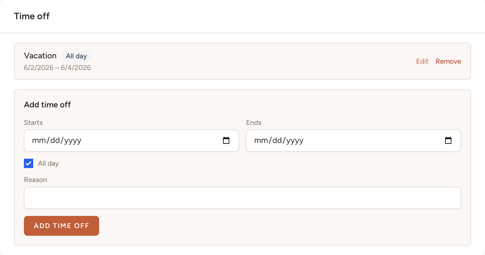 The Time off section on a staff member's profile — showing a recorded period and the Add time off form below it