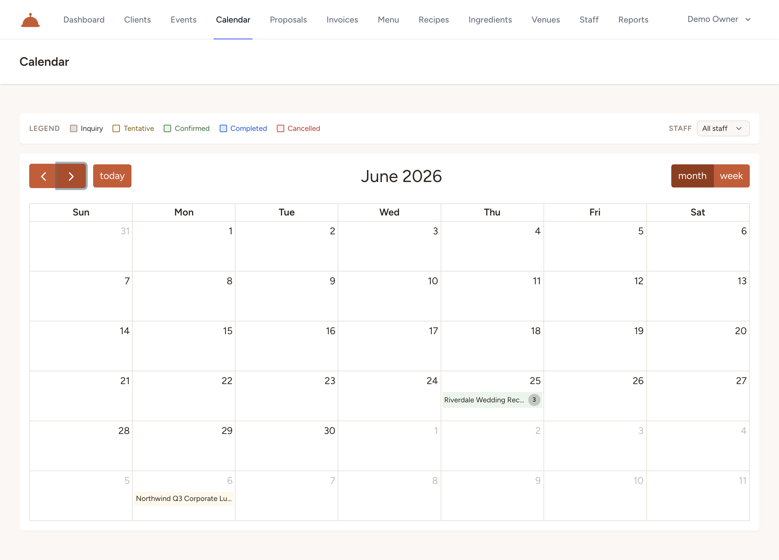 The Calendar screen — month view showing events with color-coded status chips and a legend