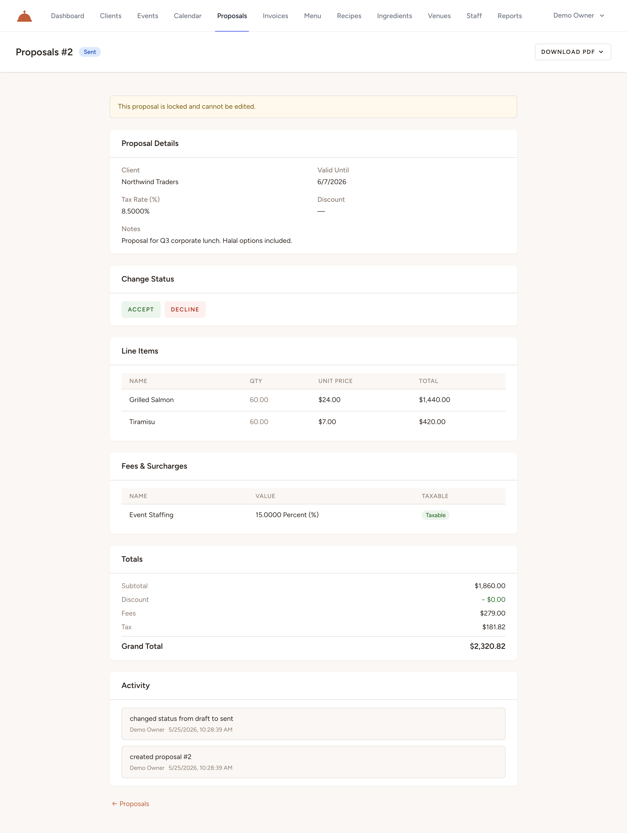 A built-out proposal showing line items, fees, and the running totals panel