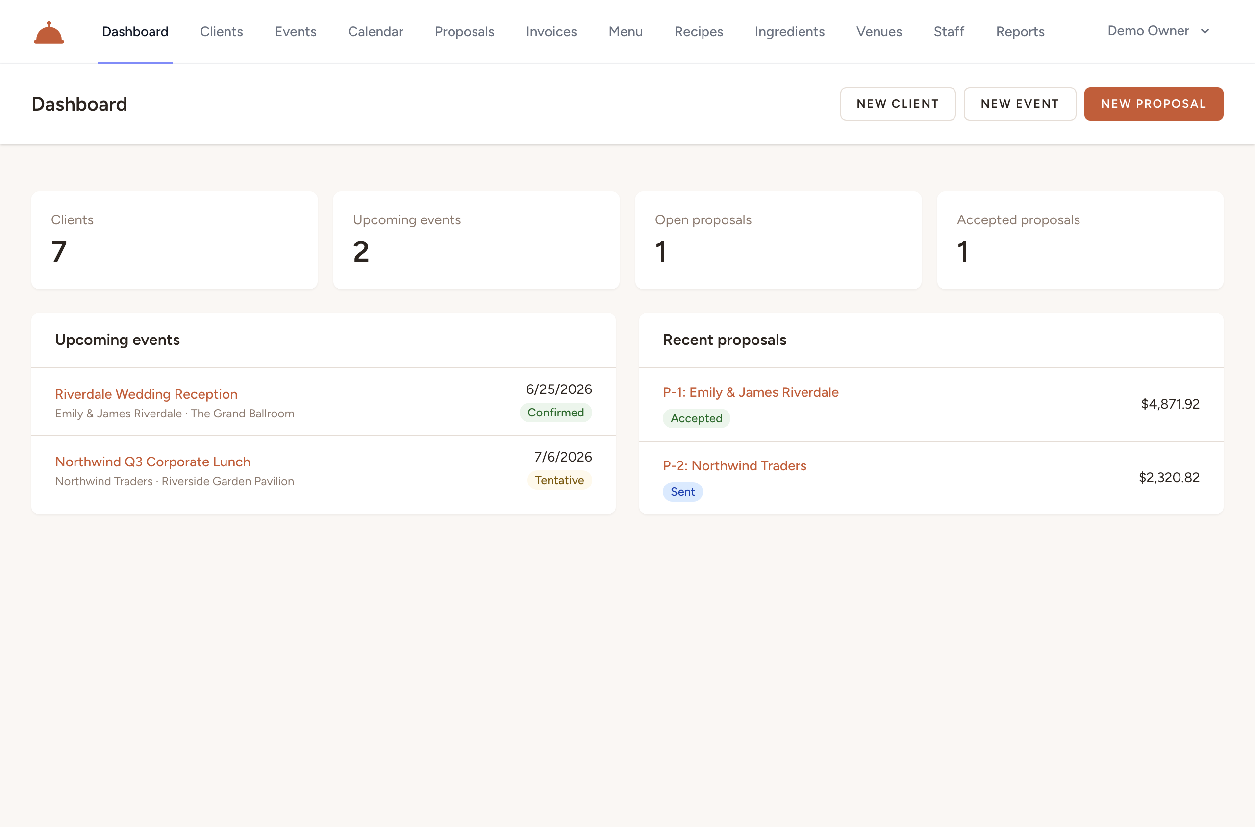 Your Catertoo admin dashboard — the home base for clients, events, proposals, and more